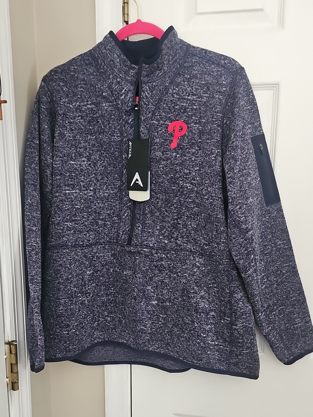 Antigua Heather Fleece Lined Navy Quarter-Zip Sweater with Pink 'P' Logo